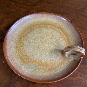 Vintage stoneware pottery base for pillar candle plate with handle 1970s